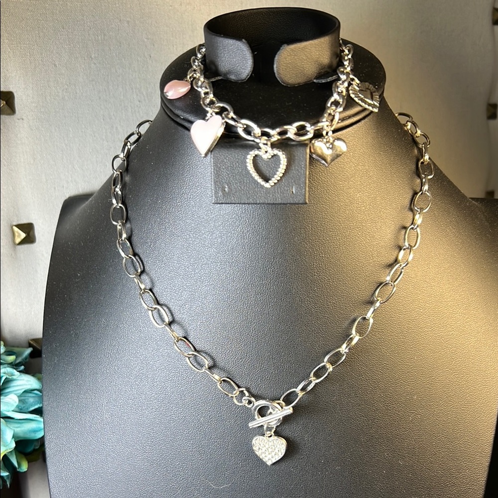 Silver Heart Charm Necklace and Bracelet Set